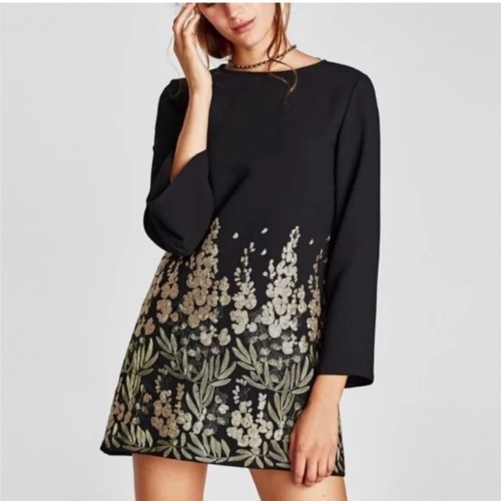 Arthur S Levine Womens Black Gold Silver Sequin Floral Shift Dress Size 16